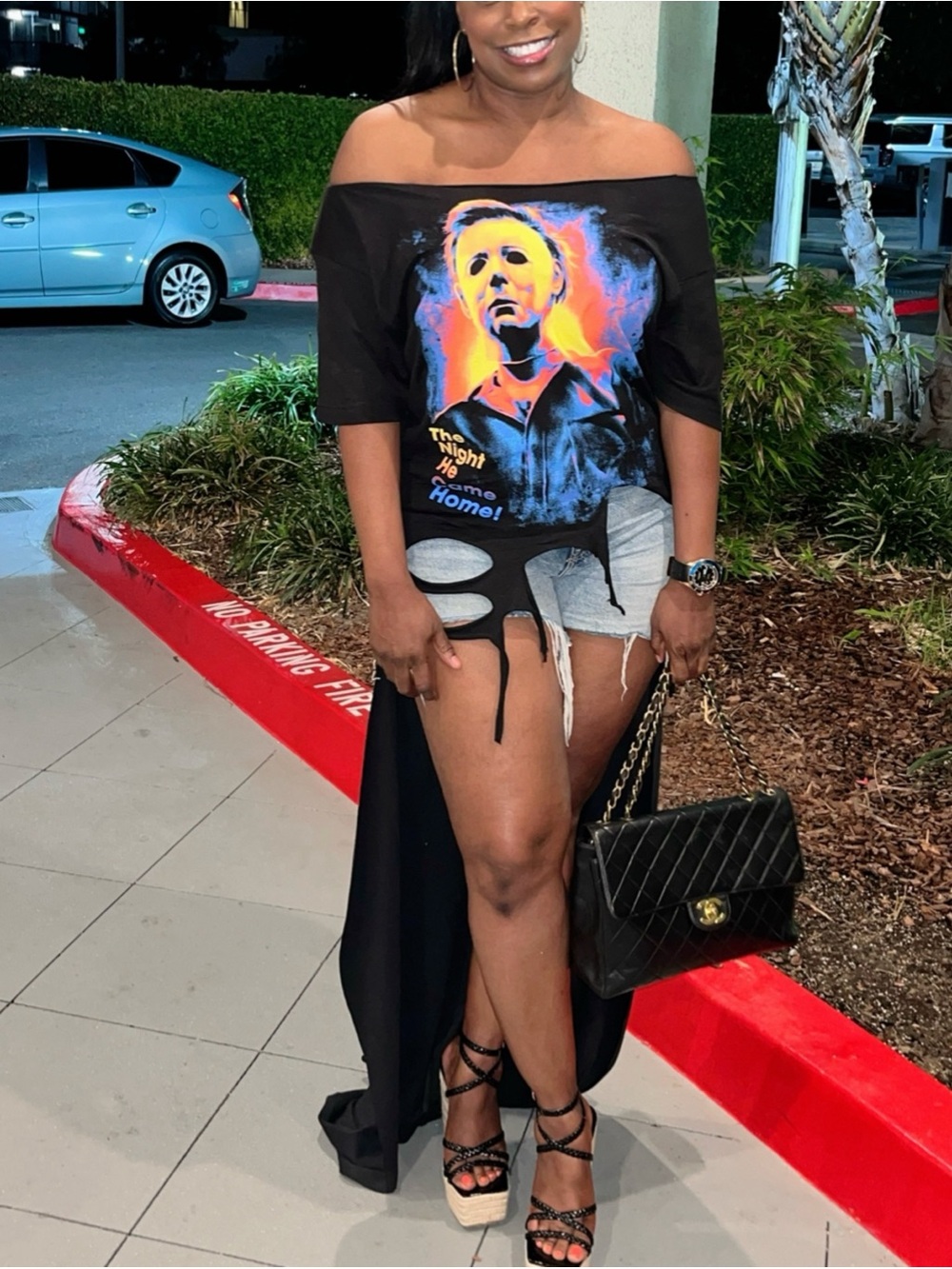 Black Graphic (Off the Shoulder) Long Tee Shirt.